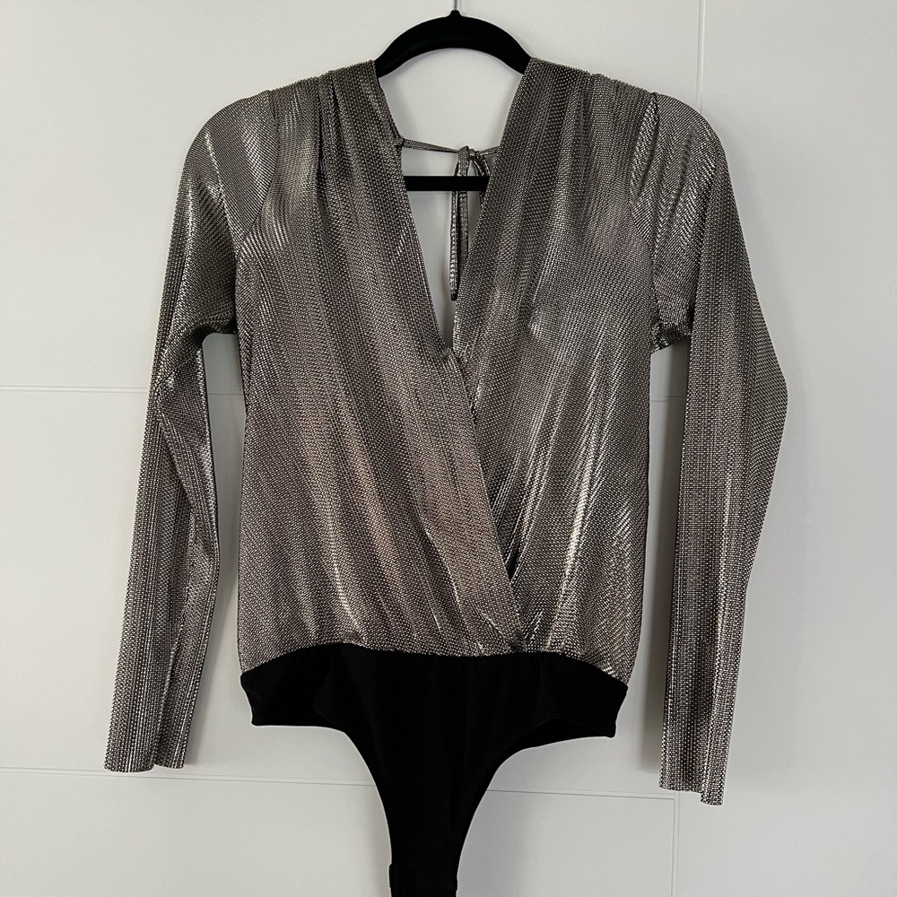 BCBGeneration V Neck Bodysuit in Black Gold Combo